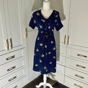 Monteau Blue Sparrow Print Midi Dress | M | Button Front